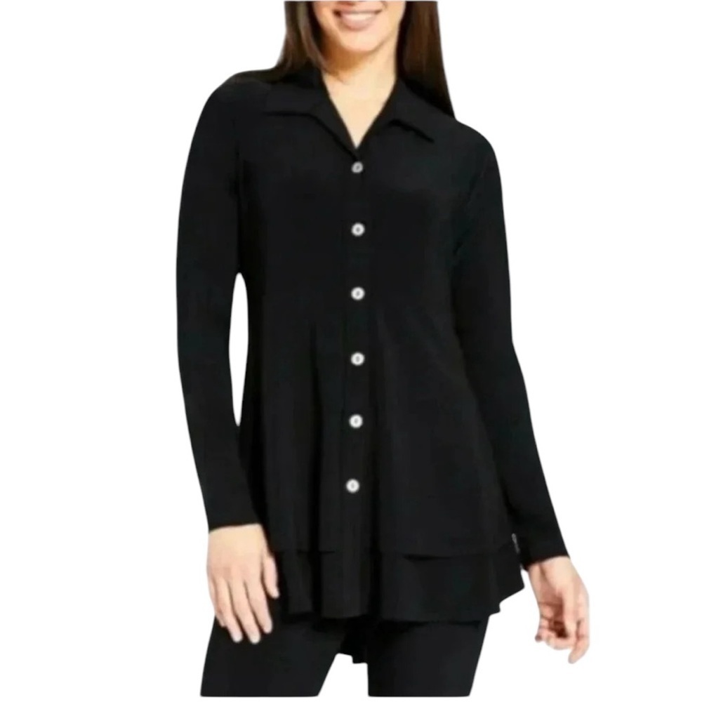 Sympli Charm Jersey Knit Button Front Layered Hem Tunic Top Black Size 8